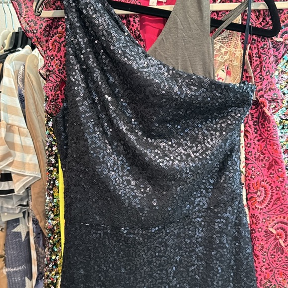 Amsale Womens Navy Sequined One Shoulder Evening Dress Gown NWT Size 4 - Picture 5 of 8